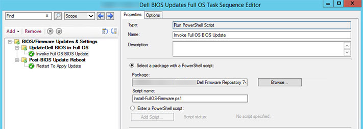 Screenshot of a child task sequence for updating firmware in Full OS mode, with a Run PowerShell Script step highlighted with package and script information.