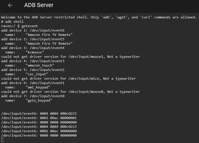Screen snip of the ADB shell session to listen to the activity stream with `getevent`